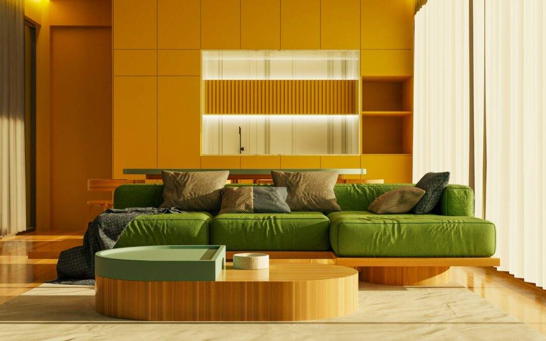 A Custom Home Builder creates a living room with yellow walls and green furniture in the Southern Utah Valley.